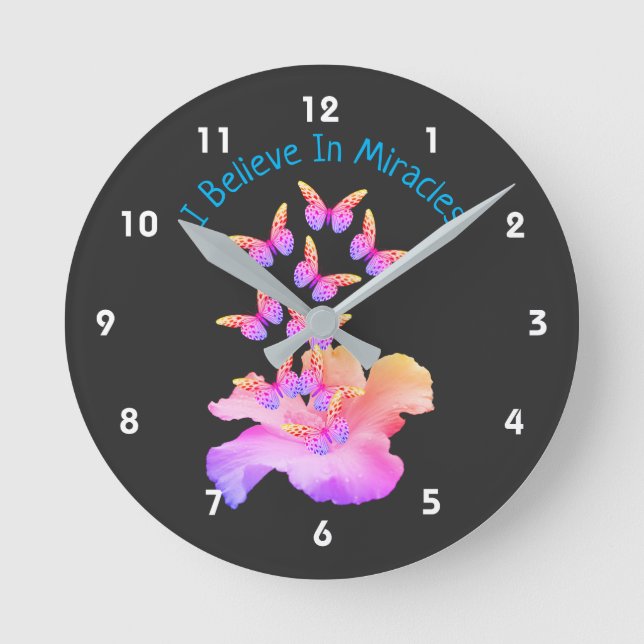 Believe In Miracles Hibiscus Flower Butterflies  Round Clock (Front)