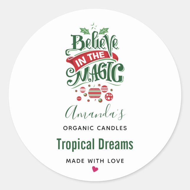 Believe in the Magic Christmas Typography Candle Classic Round Sticker (Front)