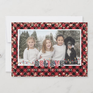 Believe In the Magic of Christmas Red Plaid Photo Holiday Card