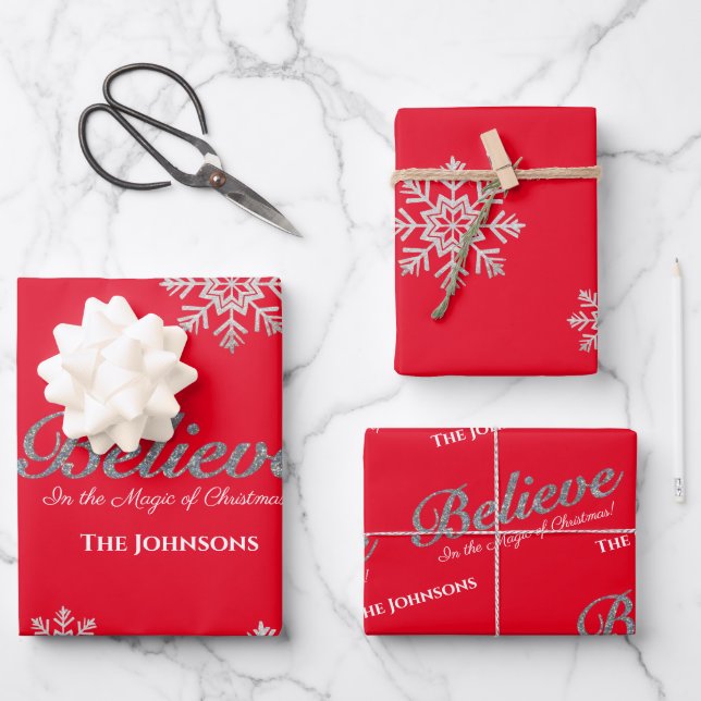 Believe in the Magic Of Christmas | Red Wrapping Paper Sheet (Front)