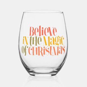 Believe in the Magic of Christmas - Retro Style Stemless Wine Glass