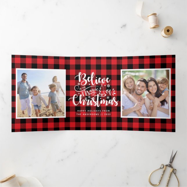 Believe in the Magic Photo Collage Plaid Christmas Tri-Fold Holiday Card (Inside)