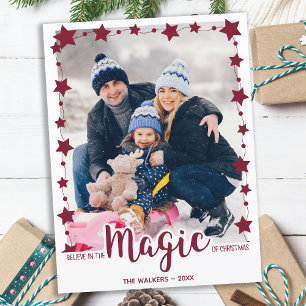 Believe in the Magic- Simple Stars Red Cute Photo Holiday Postcard