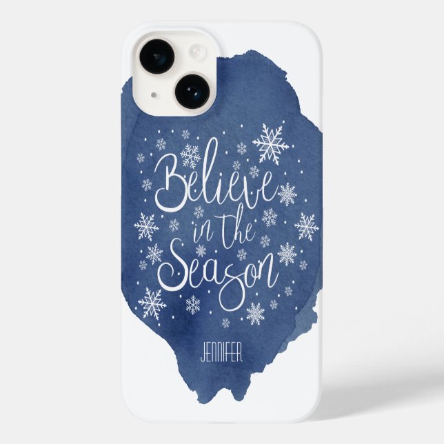 Believe in the Season Blue Snowflake Christmas Case-Mate iPhone Case (Back)