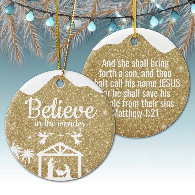 Believe in the wonder Manger Divine Passage ⛪️ 🎄 Ceramic Ornament (Custom Believe in the wonder Religious Holiday Ceramic Ornament with golden sparkle Nativity Scene ✞)