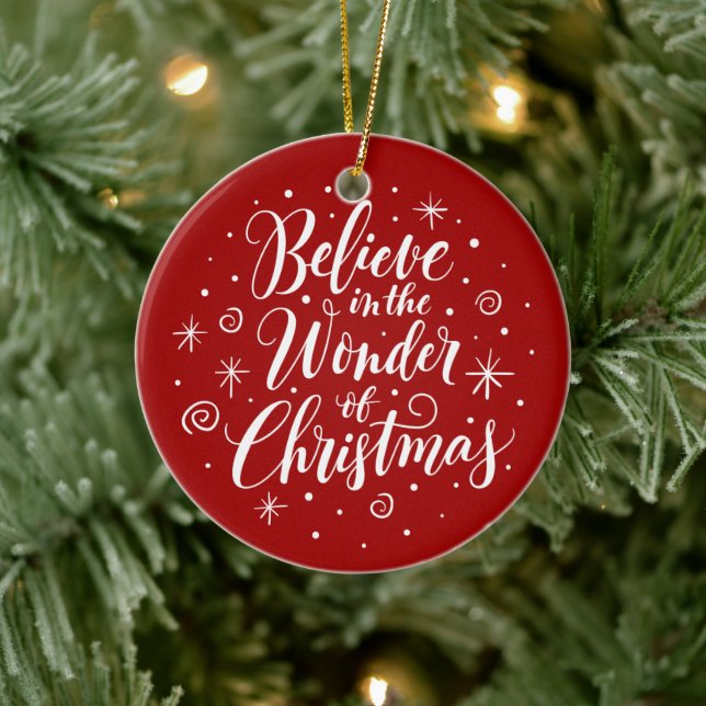 Believe in the Wonder of Christmas Lettering Round Ceramic Ornament (Tree)
