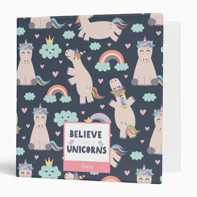Believe in Unicorns Blue and Pink Girl Pattern Kid Binder (Front/Inside)
