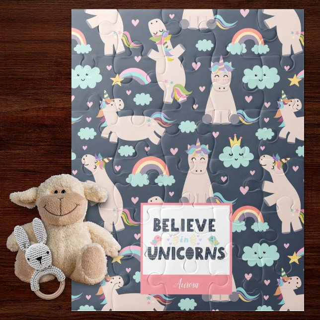 Believe in Unicorns Blue and Pink Girl Pattern Kid Jigsaw Puzzle (Creator Uploaded)