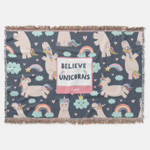 Believe in Unicorns Blue and Pink Girl Pattern Kid Throw Blanket