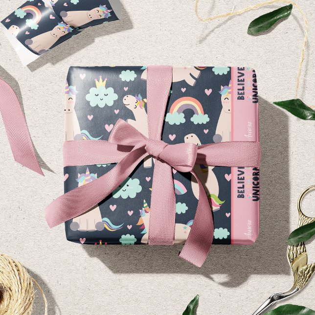 Believe in Unicorns Blue and Pink Girl Pattern Kid Wrapping Paper (Creator Uploaded)