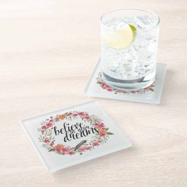 Believe in Your Dreams Bird Pink Floral  Glass Coaster (Angled)