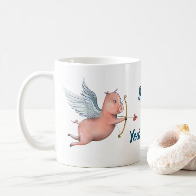 Believe in Your Dreams Flying Pig Cupid Template Coffee Mug (With Donut)