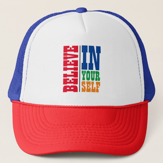 BELIEVE IN YOURSELF COLORFUL TYPOGRAPHY TRUCKER HAT (Front)