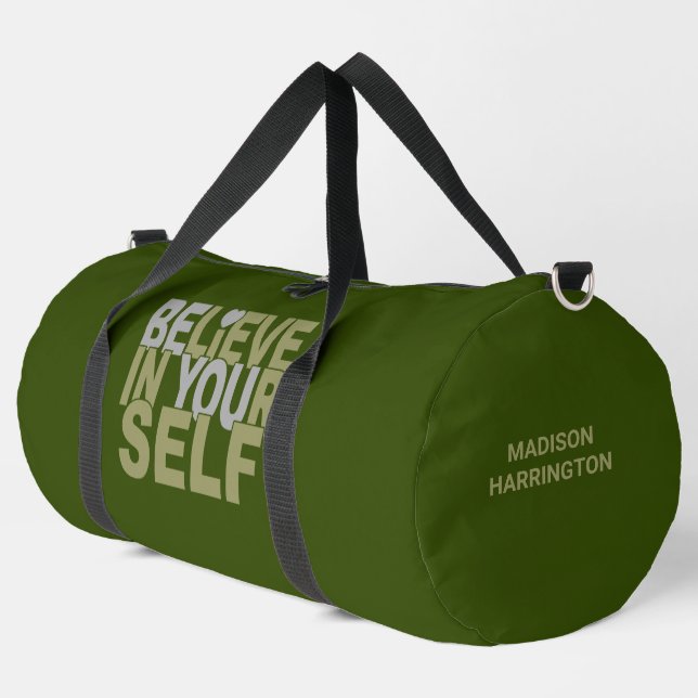 BELIEVE IN YOURSELF custom name & colour Duffle Bag (Left Corner)