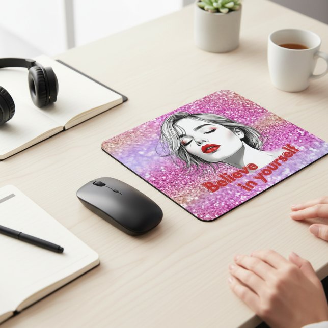 Believe in Yourself Pink Glitter Inspirational Mouse Pad (Creator Uploaded)