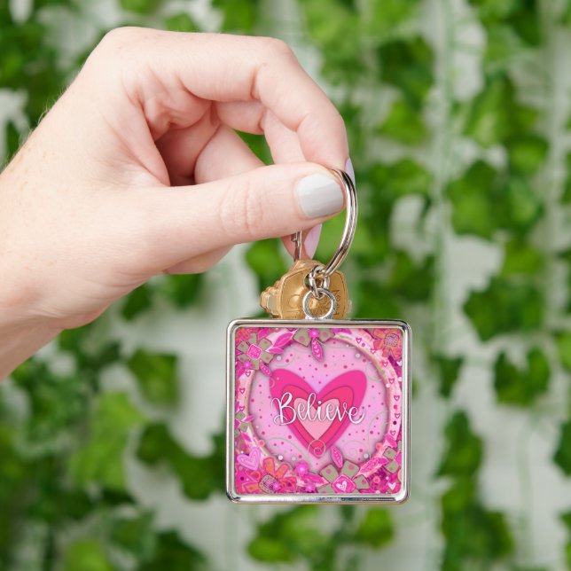 Believe Inspirational Heart Floral Pretty Pink Keychain (Hand)