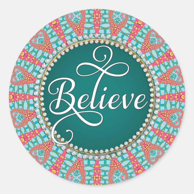 Believe : Inspire : Aqua Teal Coral Mandala Circle Classic Round Sticker (Front)
