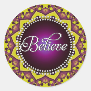 Believe : Inspire : Purple Yellow Mandala Circle Classic Round Sticker