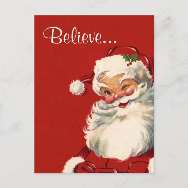"Believe" Jolly Vintage Santa Holiday Postcard (Front)