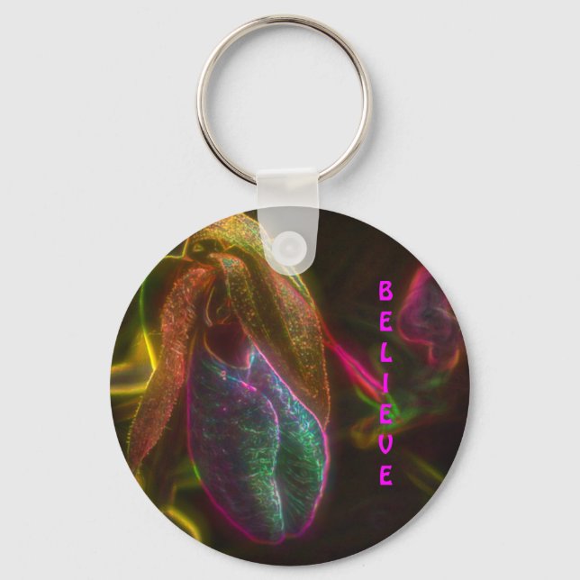 Believe Lady Slipper Flower Inspirational  Keychain (Front)