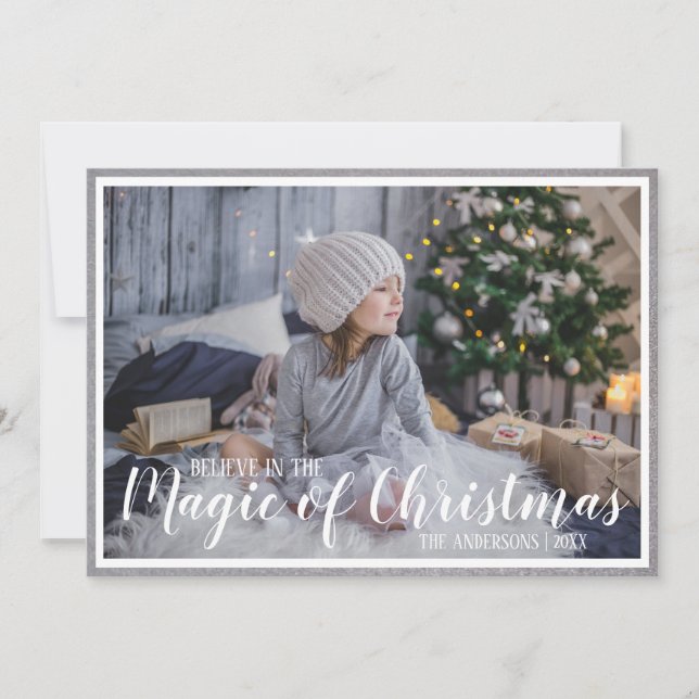 Believe Magic Christmas Silver/Blue Holiday Photo Card (Front)