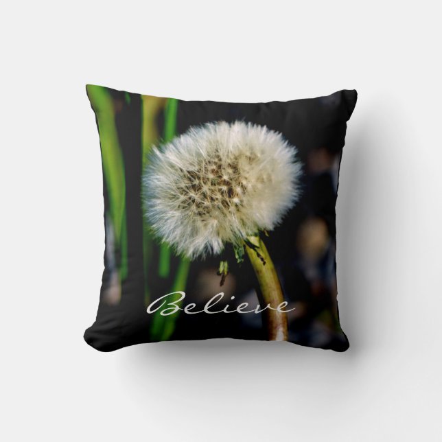Believe, Make a Wish Dandelion Floral Square Throw Pillow (Front)
