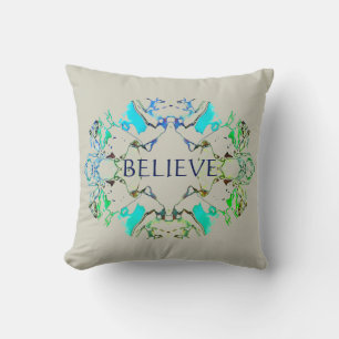 "Believe" Mandala in Shades of Blue, Green on Grey Throw Pillow