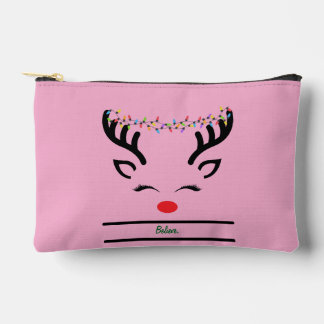 Believe modern funny Christmas reindeer white Accessory Pouch