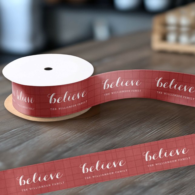 Believe - Modern Merry Christmas Red Satin Ribbon (Custom Christmas Ribbon)