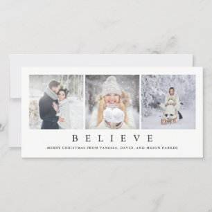 Believe   Modern Minimalist Christmas Three Photos Holiday Card