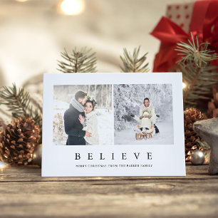 Believe   Modern Minimalist Christmas Two Photo Holiday Card