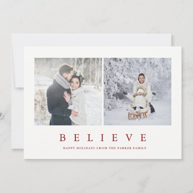 Believe | Modern Minimalist Two Photo Holiday Card (Front)