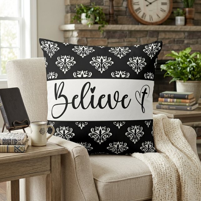Believe Modern Script Black White Damask Christian Throw Pillow (Believe Modern Script Black White Damask Christian Throw Pillow)