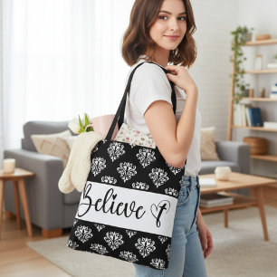 Believe Modern Script Black White Damask Christian Tote Bag