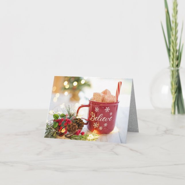 Believe Mug, Marshmallows, Christmas decorations Holiday Card (Front)