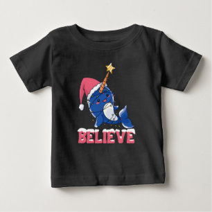 Believe Narwhal Christmas Snow Fairy Lights Baby T-Shirt