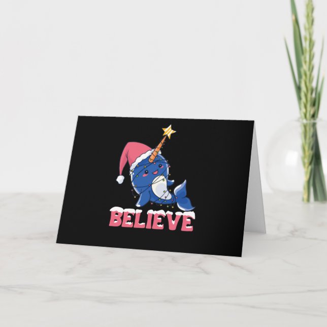 Believe Narwhal Christmas Snow Fairy Lights Holiday Card (Front)