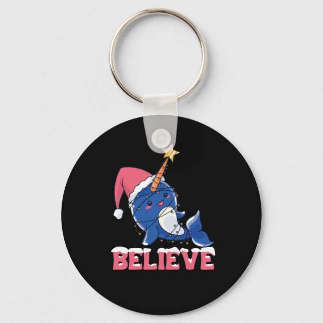 Believe Narwhal Christmas Snow Fairy Lights Keychain (Front)
