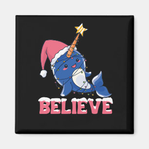 Believe Narwhal Christmas Snow Fairy Lights Magnet