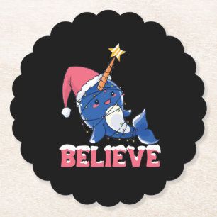 Believe Narwhal Christmas Snow Fairy Lights Paper Coaster
