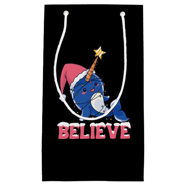 Believe Narwhal Christmas Snow Fairy Lights Small Gift Bag (Front)