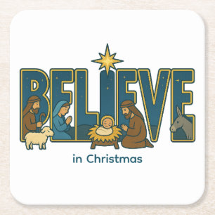 Believe nativity square paper coaster