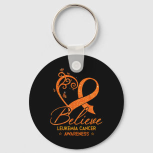 Believe Orange Ribbon Heart Leukaemia Blood Cancer Keychain