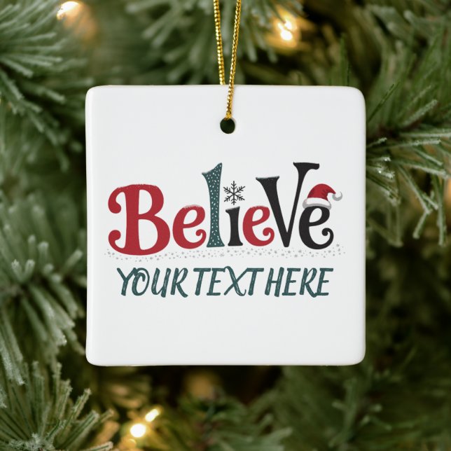 Believe Personalized Christmas Party Family  Ceramic Ornament (Tree)