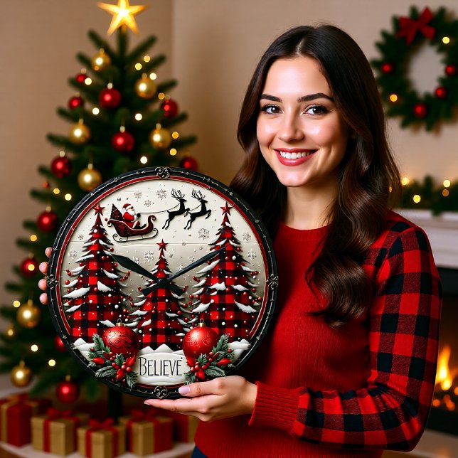 Believe Plaid Sleigh Christmas Large Clock (Creator Uploaded)