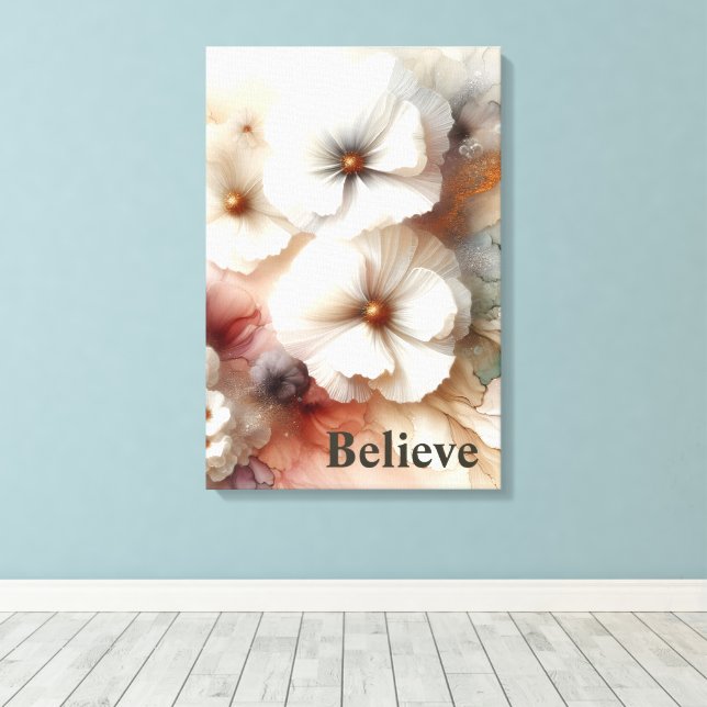 Believe Quote and Cosmos Flowers Canvas Print (Insitu(Wood Floor))