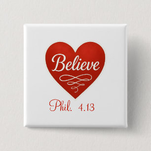 Believe red and white heart 2 inch square button