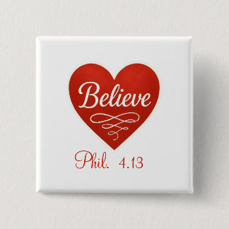 Believe red and white heart 2 inch square button