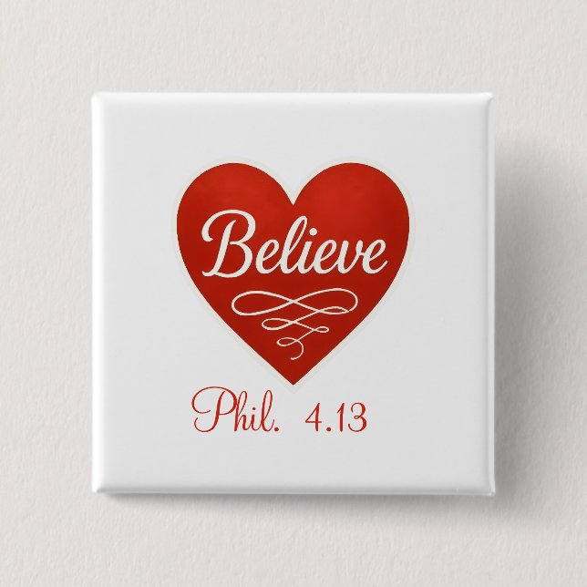 Believe red and white heart 2 inch square button (Front)