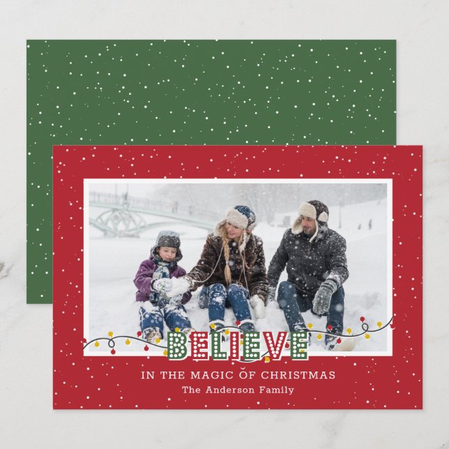 Believe Red Green Snow Photo Christmas Cards (Front/Back)